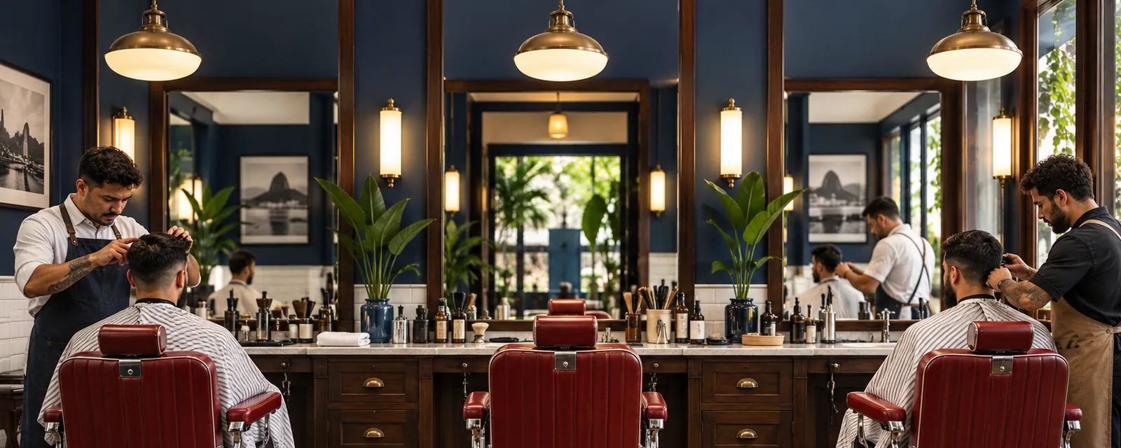 Salão de barbearia com cadeiras clássicas, espelhos e barbeiros trabalhando