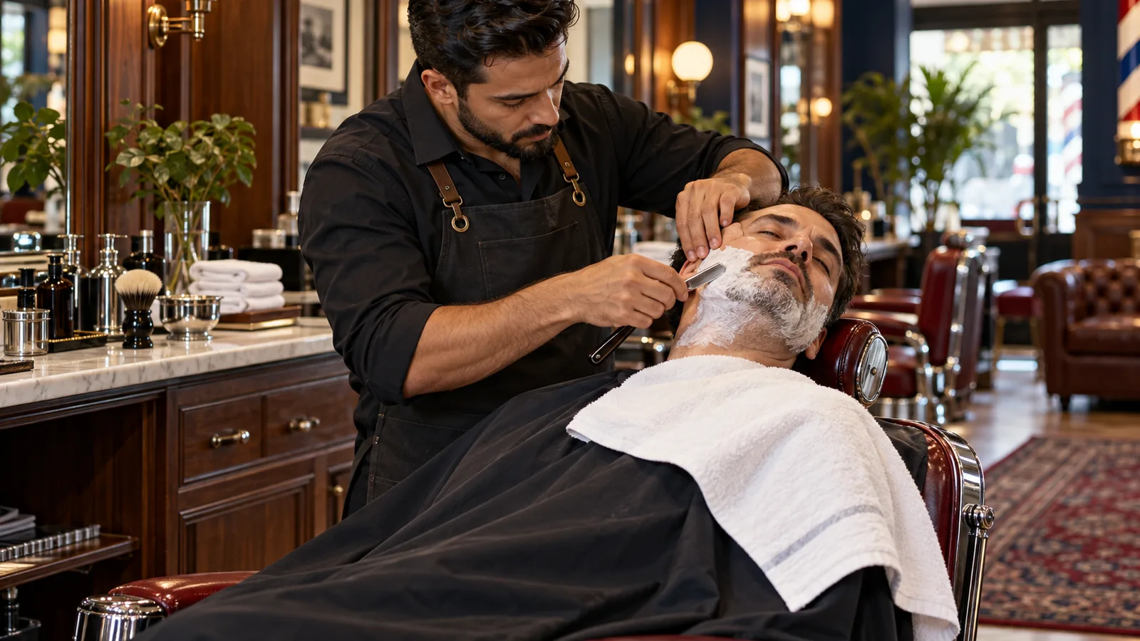 Barbeiro fazendo a barba de um cliente com navalha numa cadeira clássica