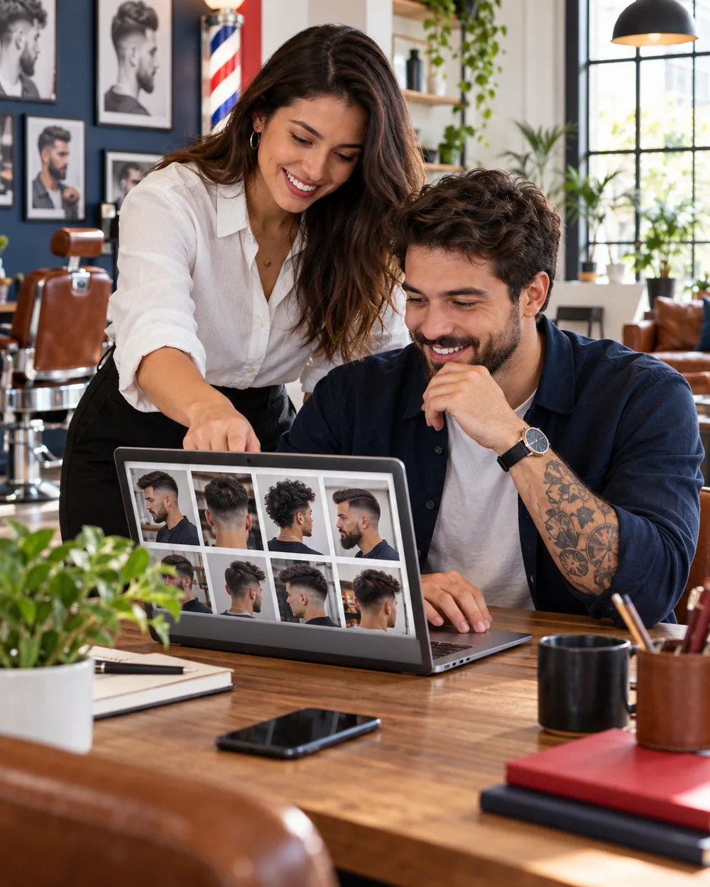 Profissionais da agência revisando o site de uma barbearia no notebook