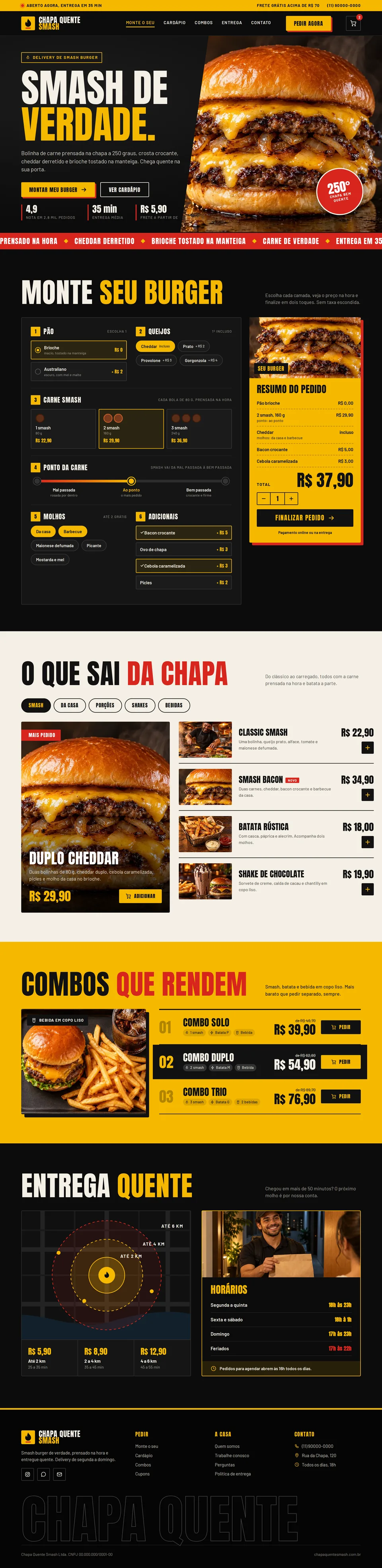 Página de combos e montagem de hambúrguer de um site de hamburgueria