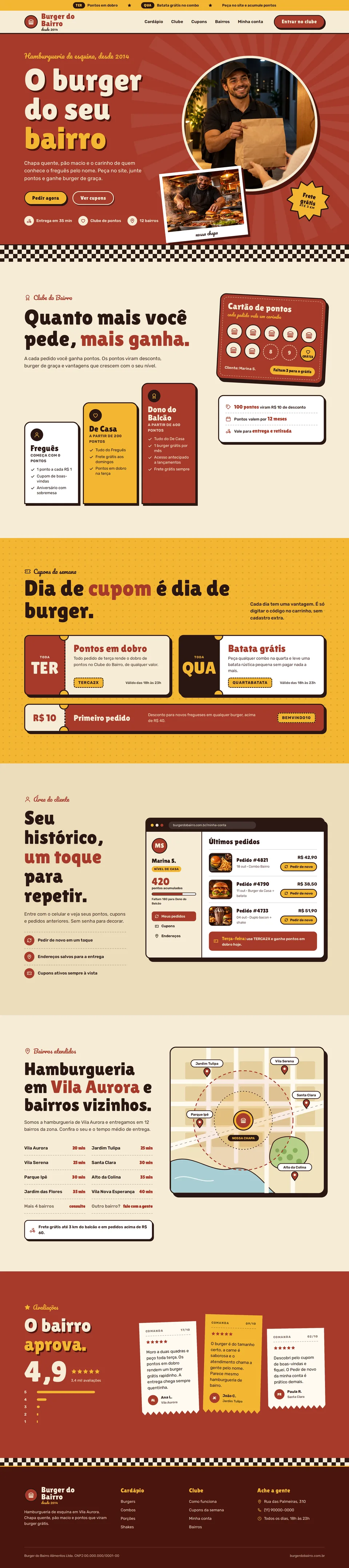 Página de um site de hamburgueria com cardápio e pedido online