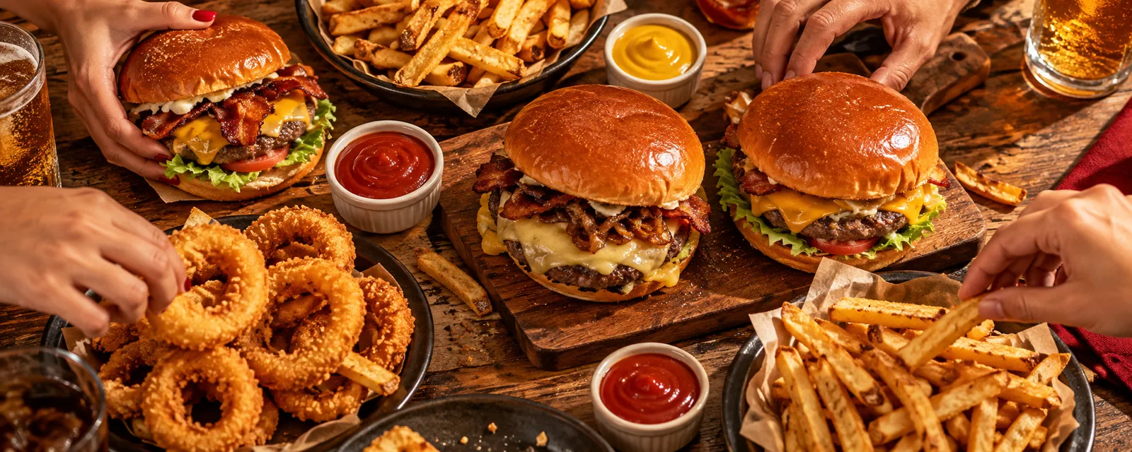 Mesa com hambúrgueres artesanais, batatas fritas e amigos pegando os lanches