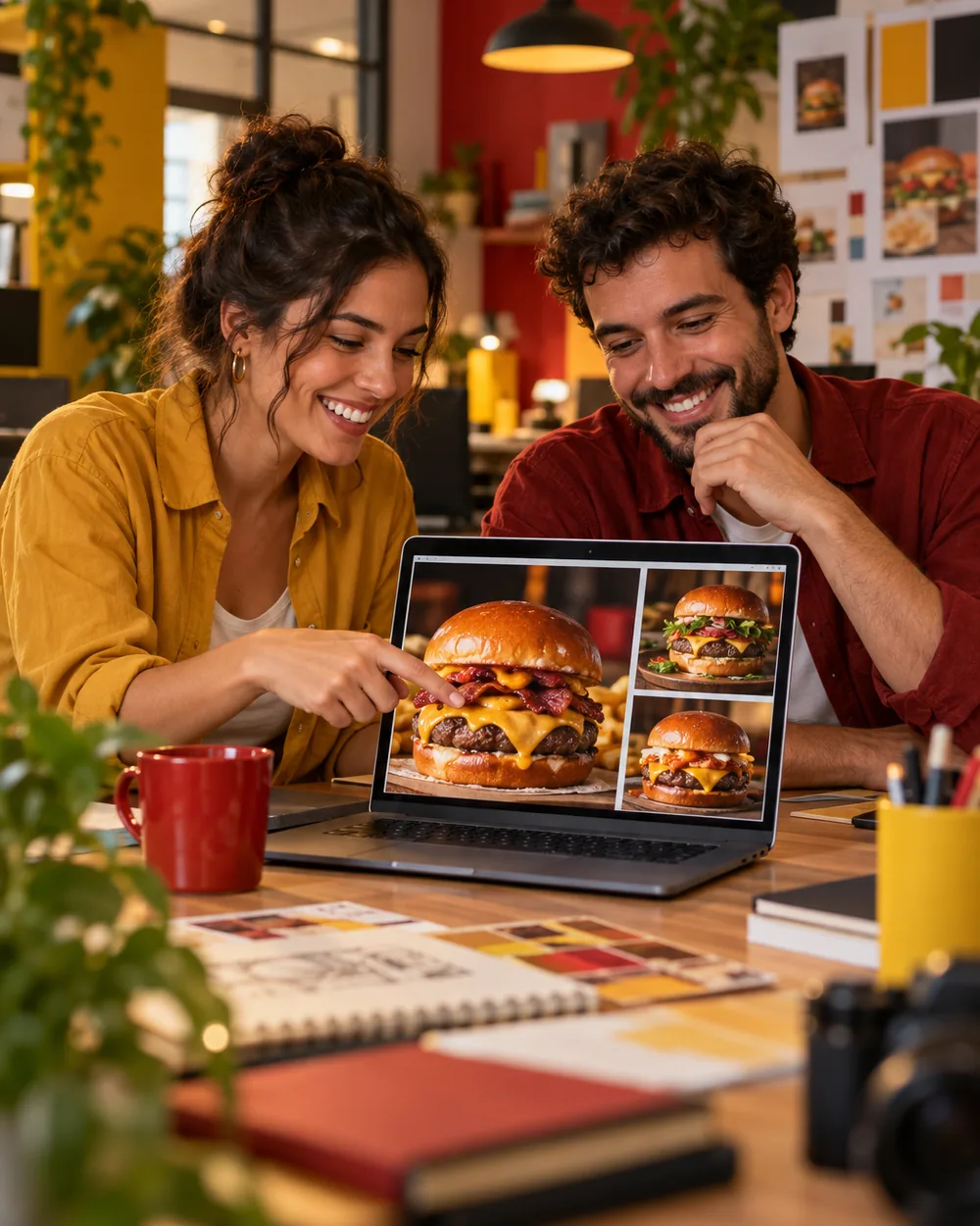 Profissionais da agência revisando o site de uma hamburgueria no notebook