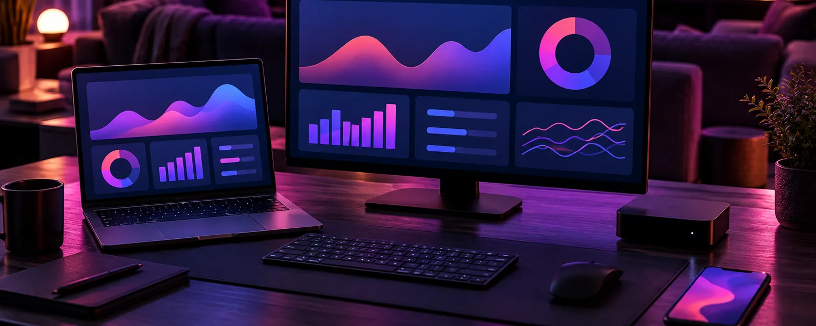 Mesa de trabalho com notebook, monitor e TV box