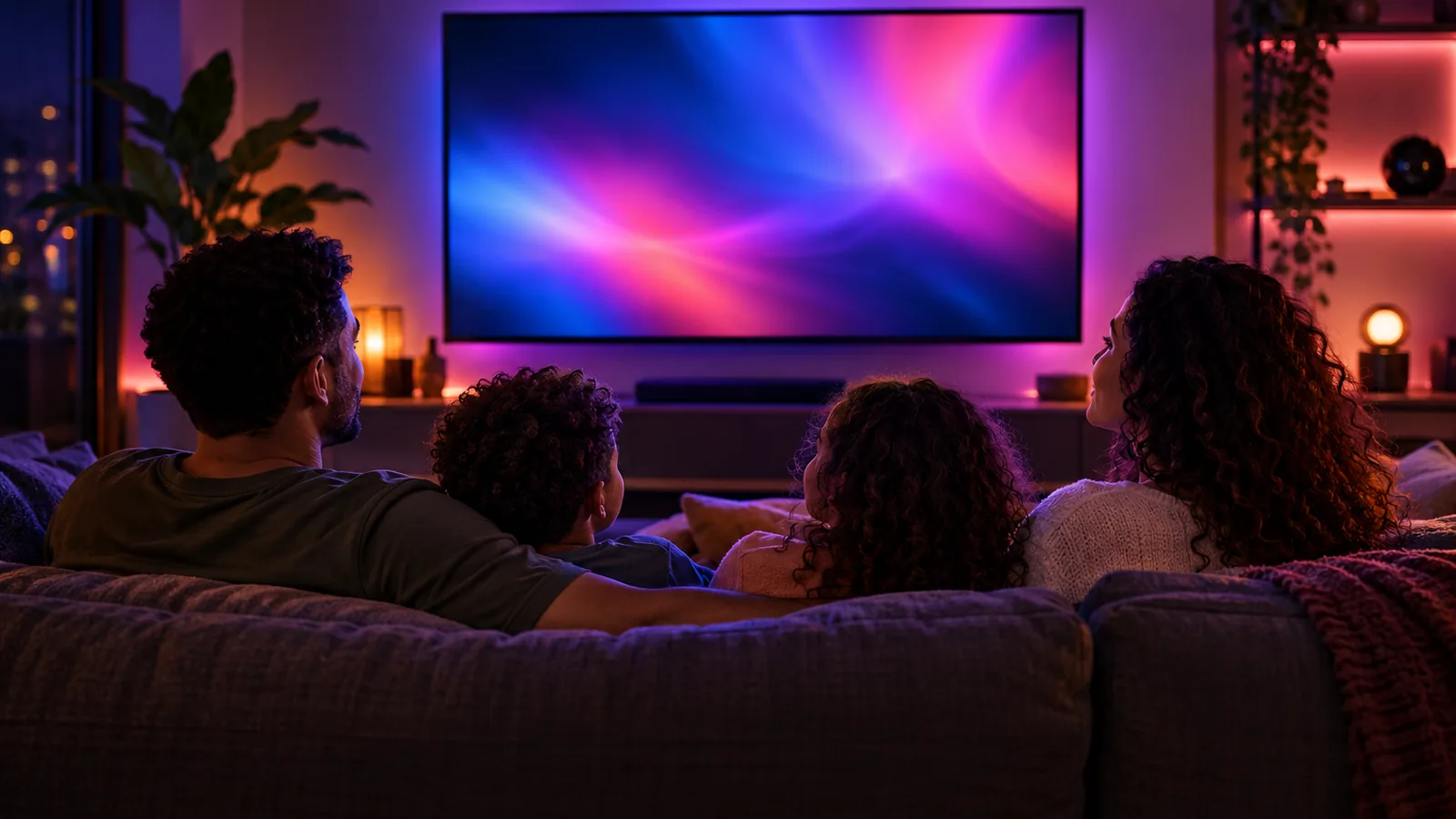 Família assistindo TV na sala