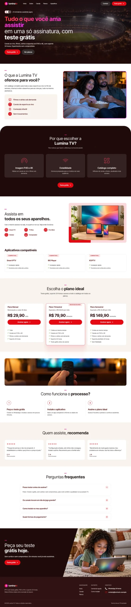 Página de um site de IPTV com teste grátis e planos