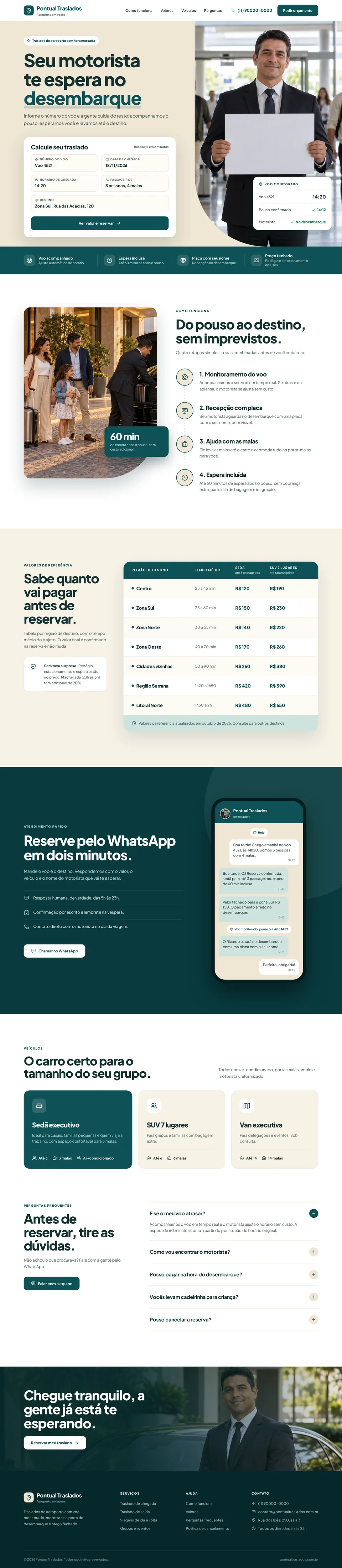 Página de serviços e frota de um site de transporte executivo
