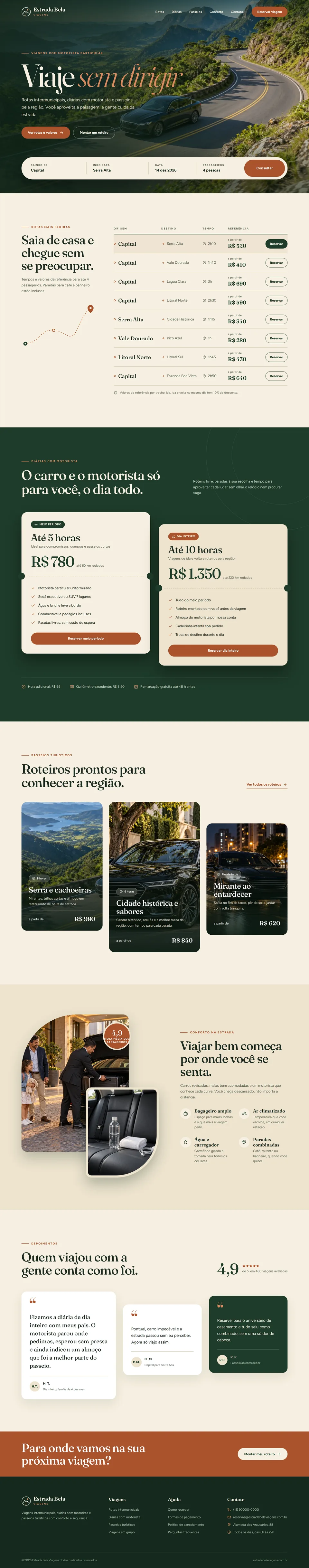 Página de um site de motorista particular com reserva de traslado