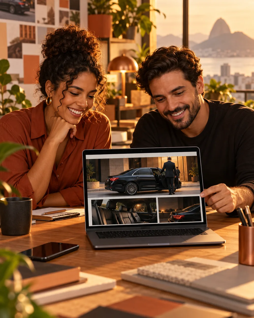 Profissionais da agência revisando o site de um motorista particular no notebook