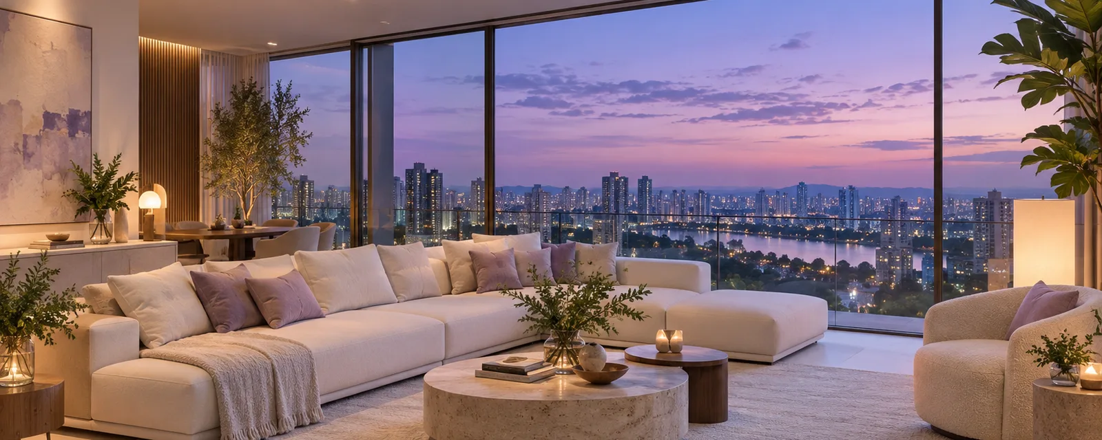 Living de apartamento contemporâneo com vista da cidade ao entardecer