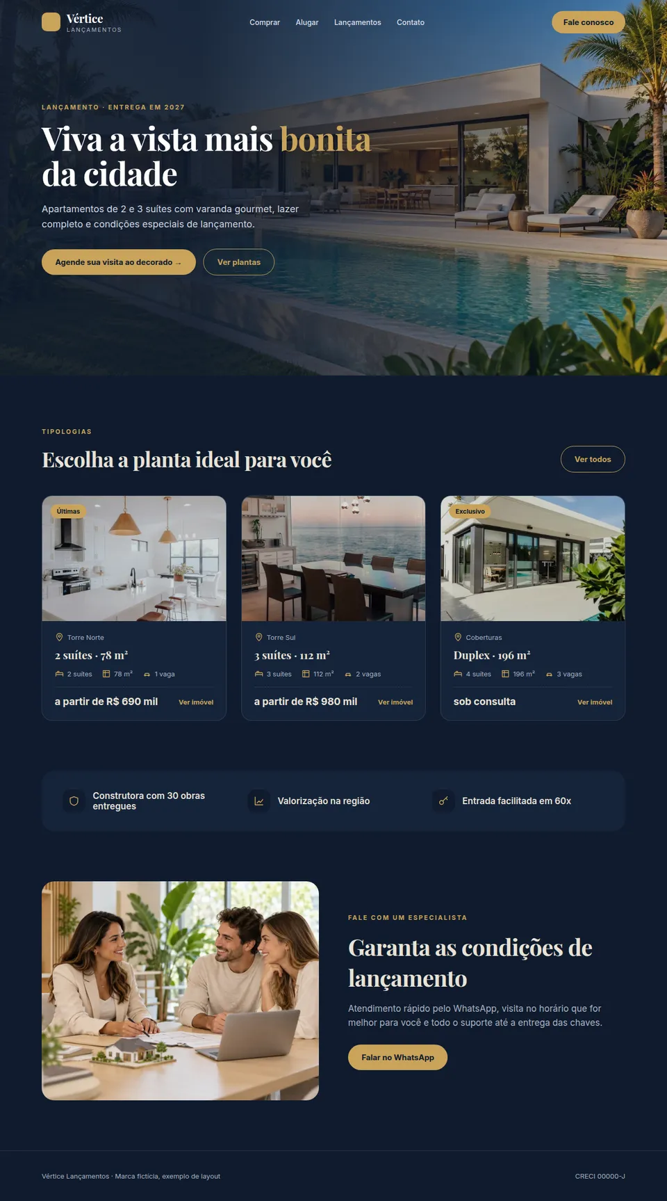Exemplo de landing page de lançamento imobiliário com tipologias e agendamento de visita