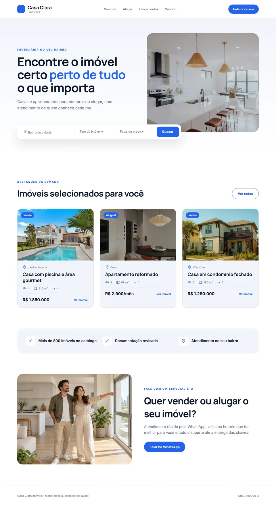 Exemplo de site de imobiliária de bairro com busca por bairro, tipo e faixa de preço