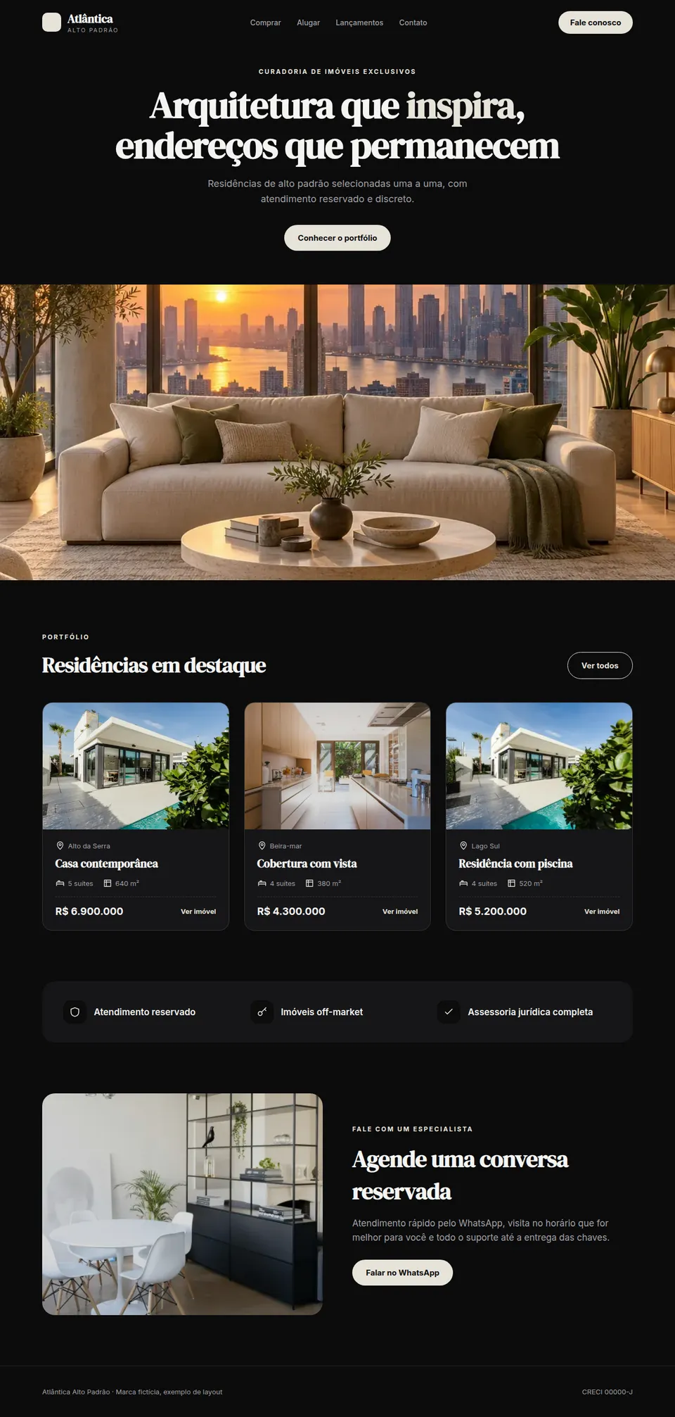 Exemplo de site de imóveis de alto padrão com fotografia em destaque e portfólio