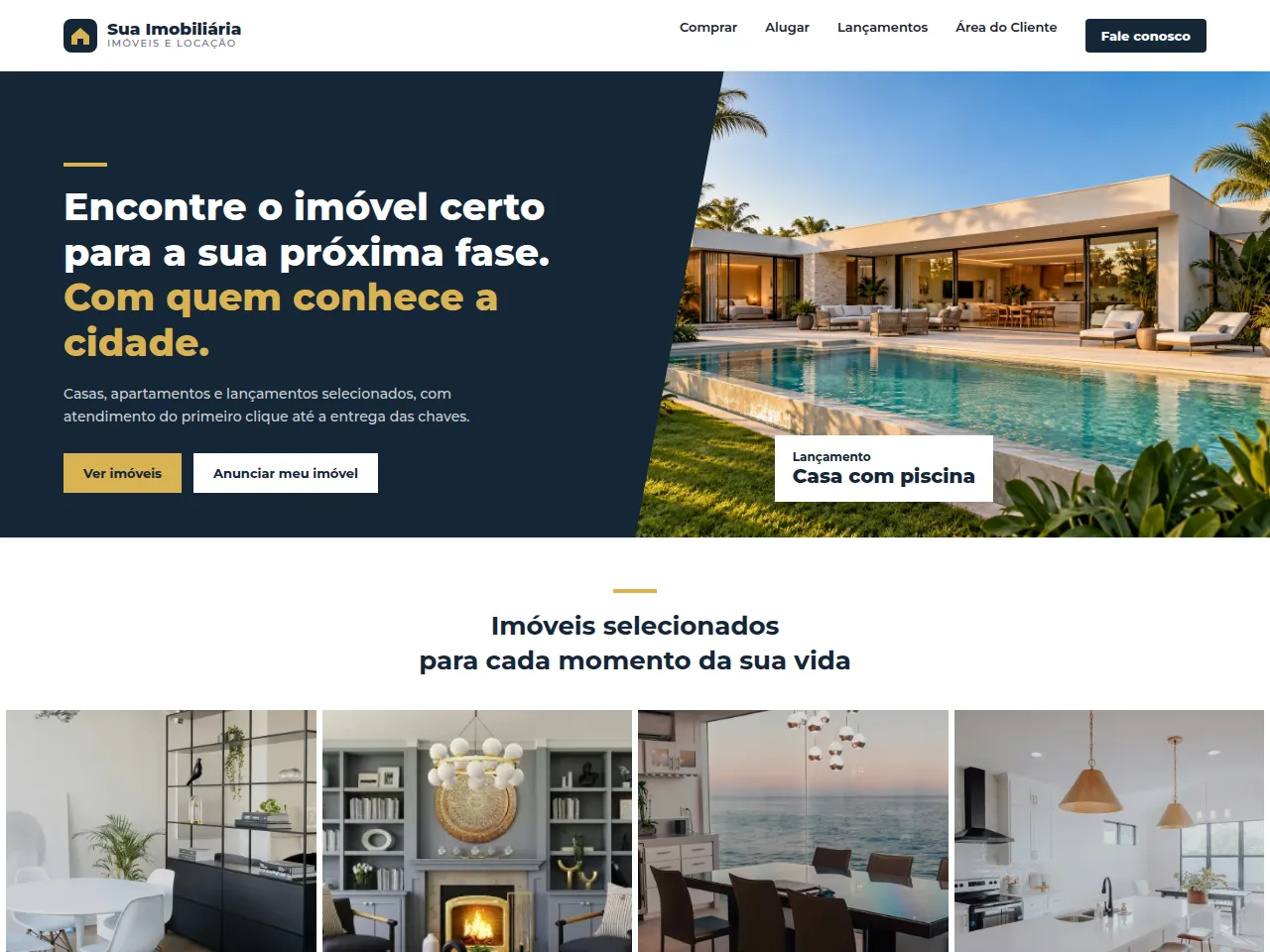 Exemplo de página inicial de site imobiliário com busca e imóvel em destaque