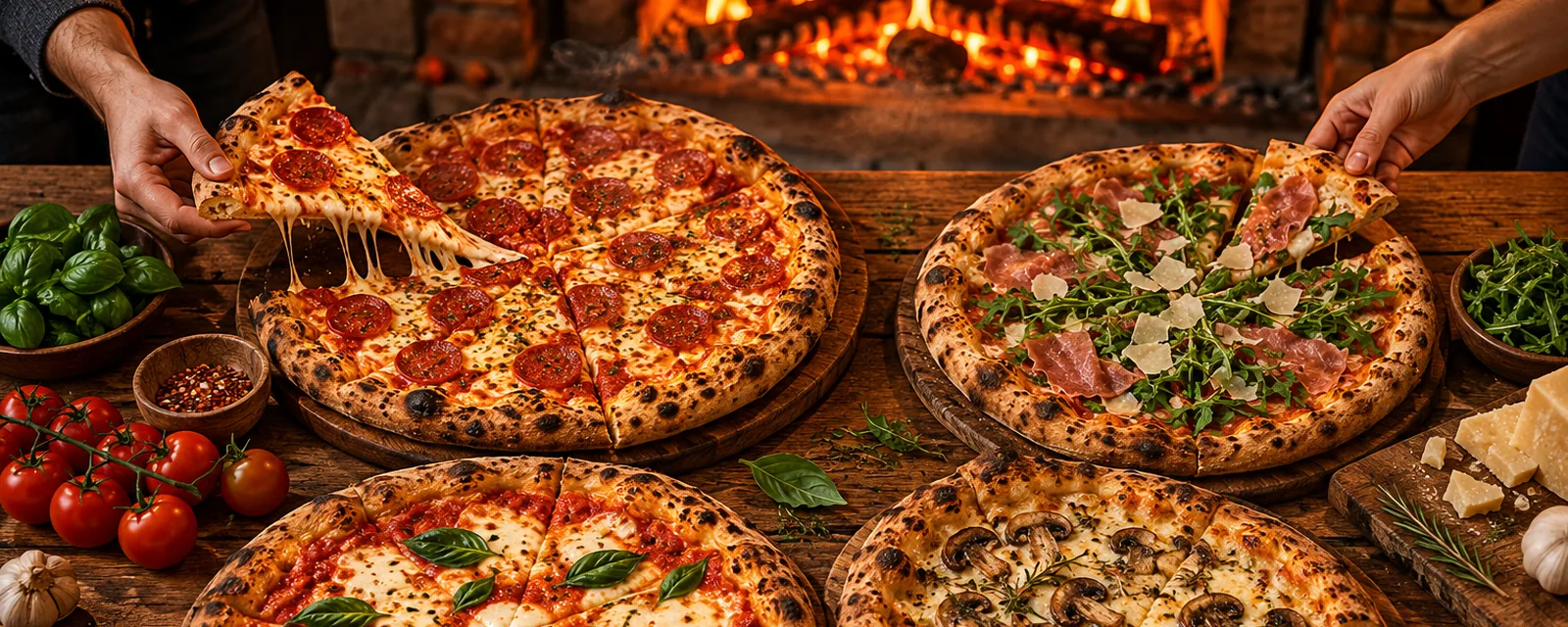 Mesa com várias pizzas artesanais e amigos pegando fatias