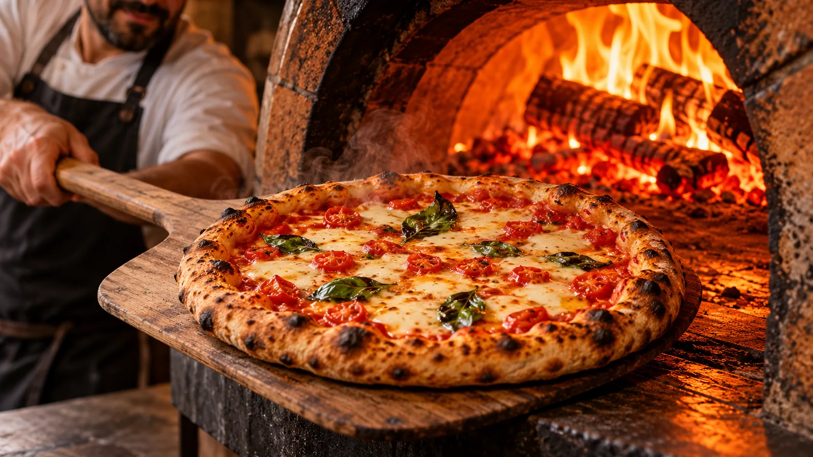Pizzaiolo tirando uma pizza artesanal do forno a lenha