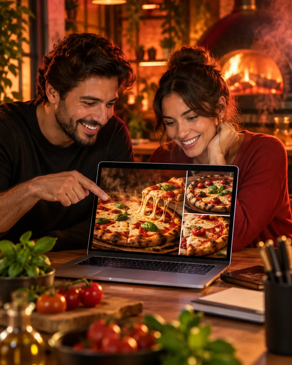 Profissionais da agência revisando o site de uma pizzaria no notebook