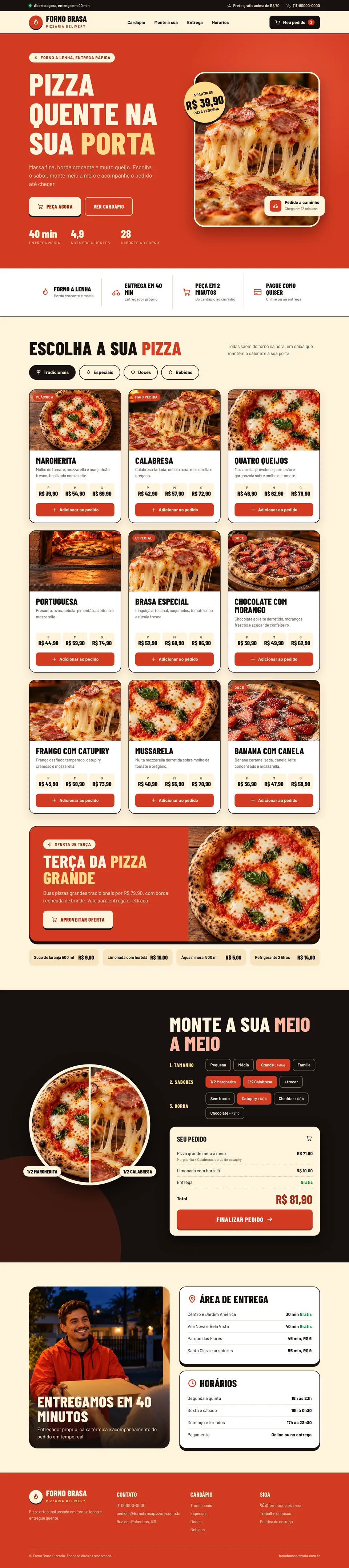 Página de um site de pizzaria com cardápio e pedido online