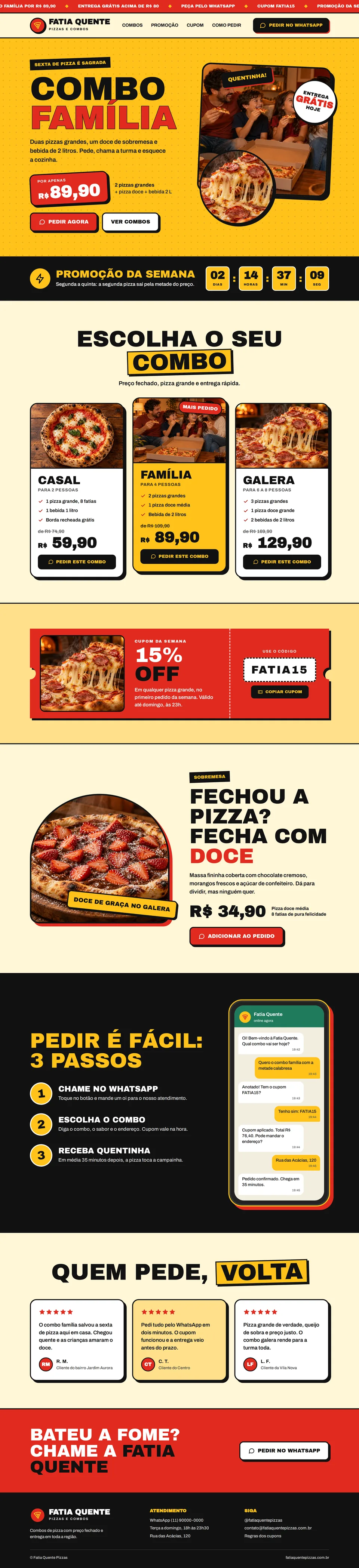 Página de combos e montagem de pizza meio a meio de um site de pizzaria