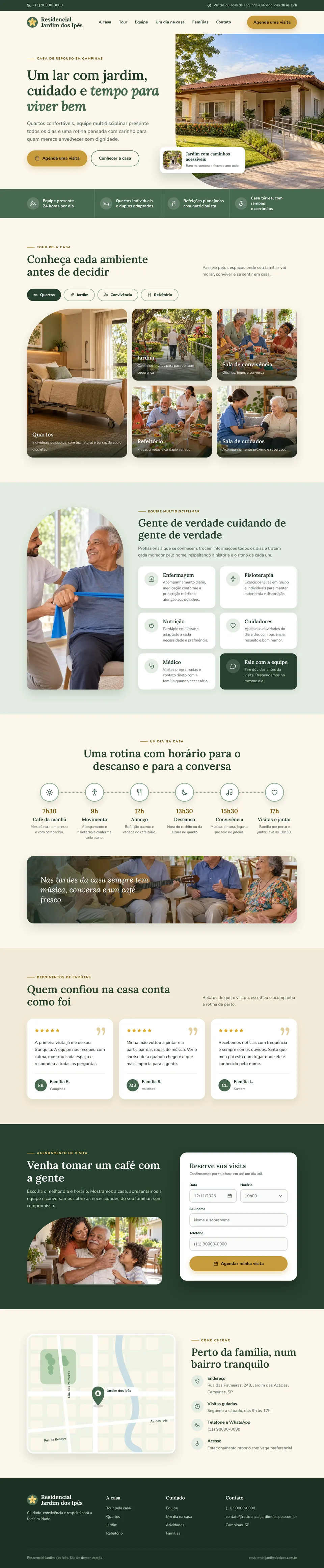 Página de um site de casa de repouso com galeria da casa e agendamento de visitas