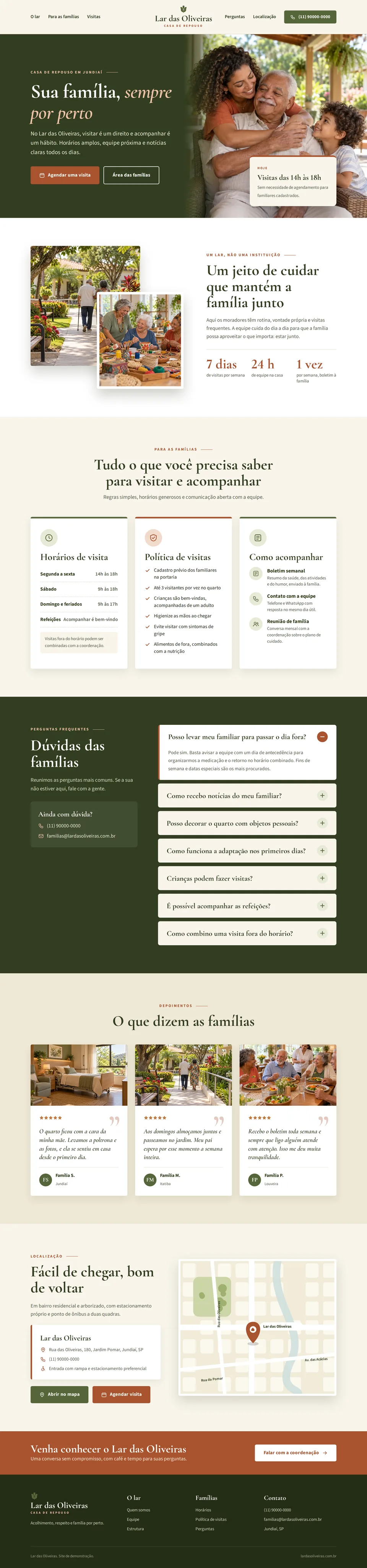 Página de planos e rotina de cuidados de um site de casa de repouso