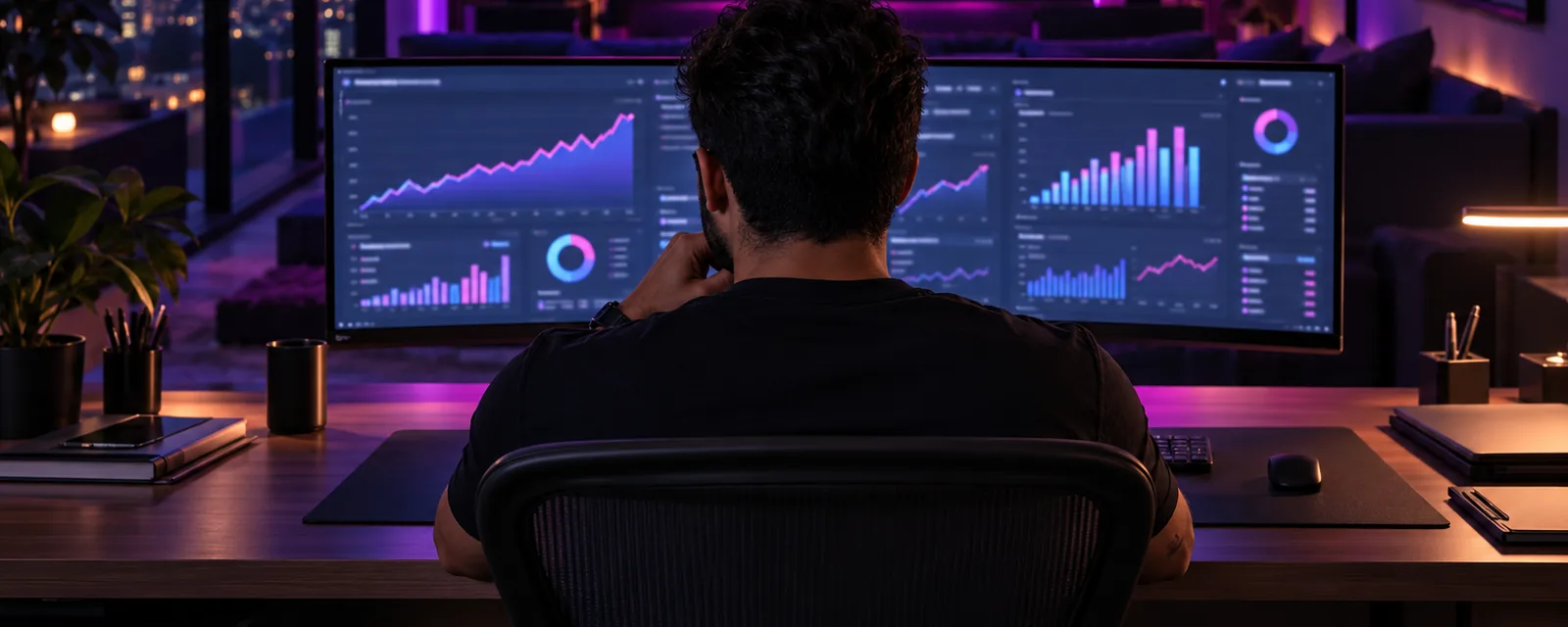 Gestor de tráfego analisando gráficos de conversão de campanhas em um monitor amplo