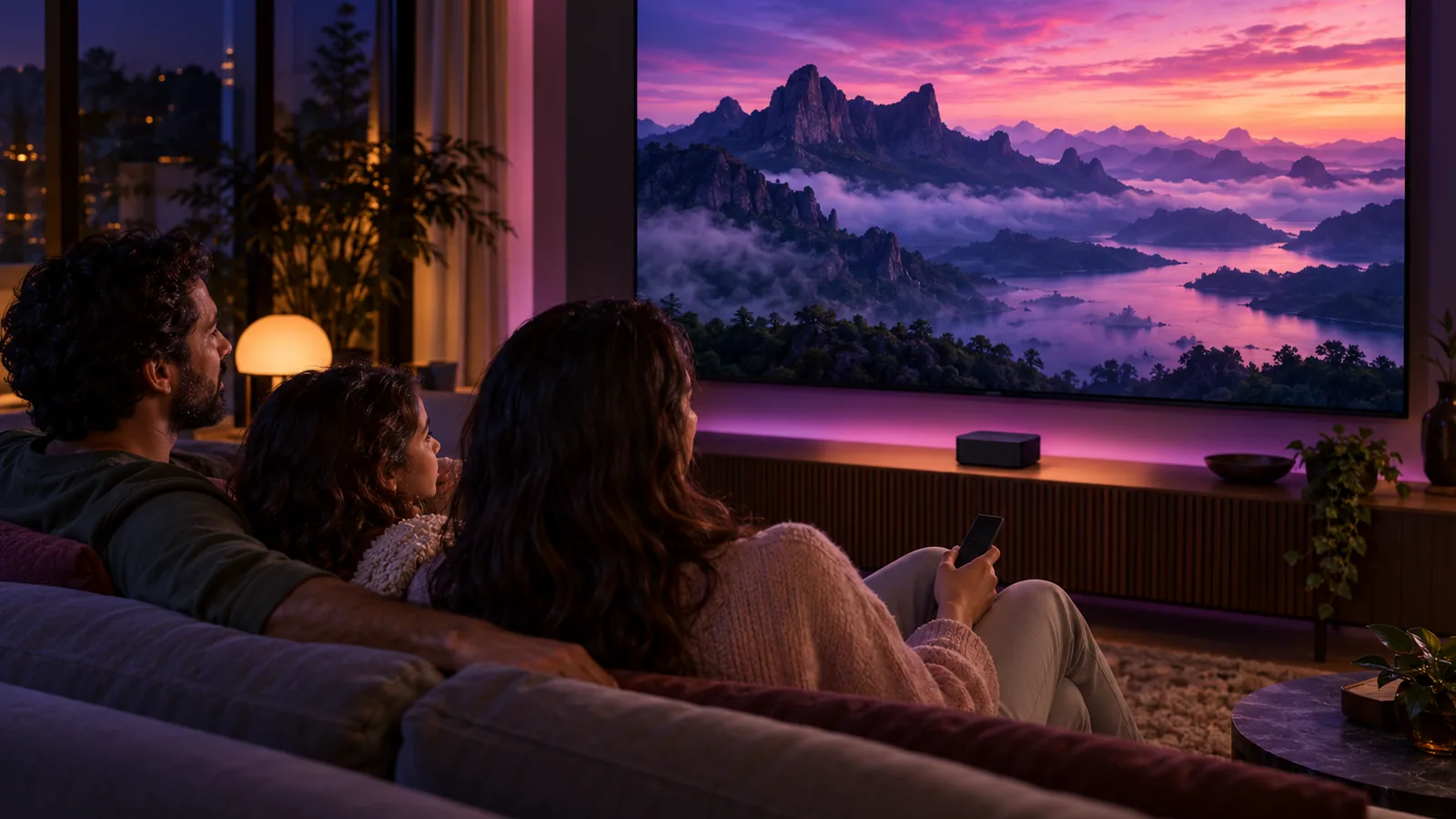 Família na sala assistindo a uma Smart TV grande, com uma TV Box pequena no rack