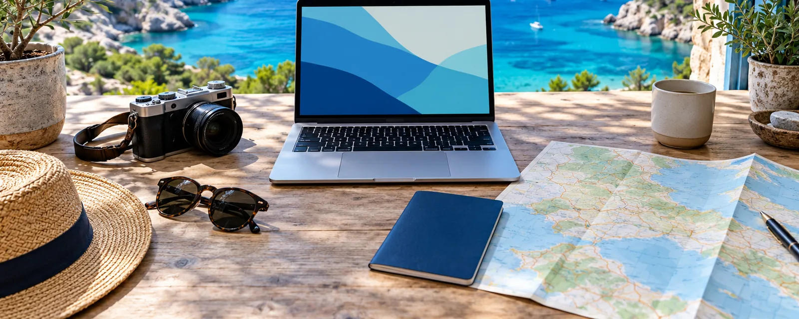Mesa de planejamento de viagem com notebook, caderno, mapa e câmera