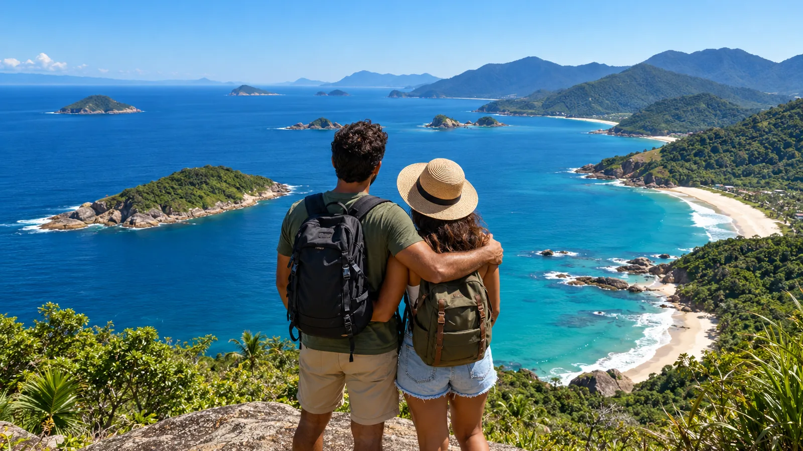 Casal de viajantes olhando a paisagem do litoral do alto de um mirante