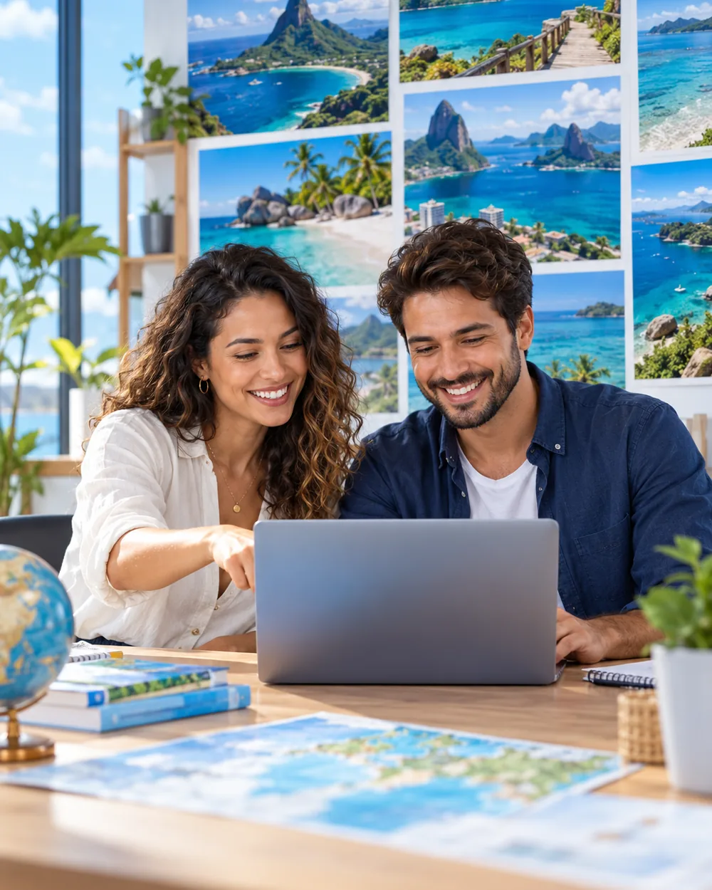 Profissionais da agência revisando o site de uma agência de viagens no notebook