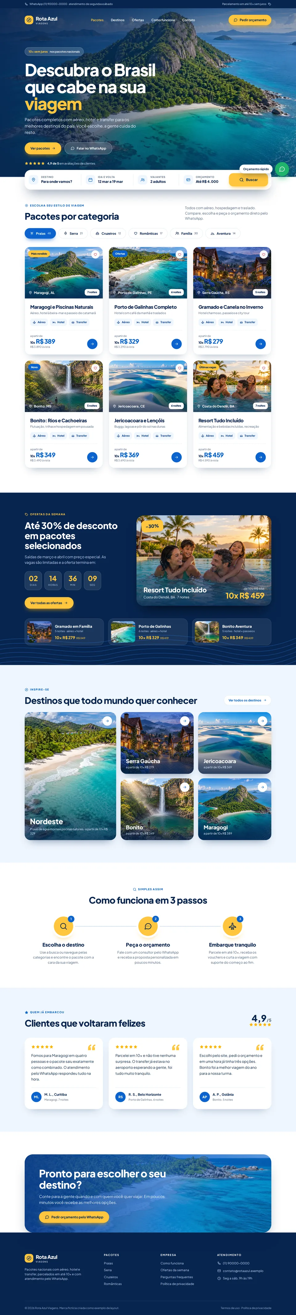 Página de um site de agência de viagem com busca por destino e pacotes